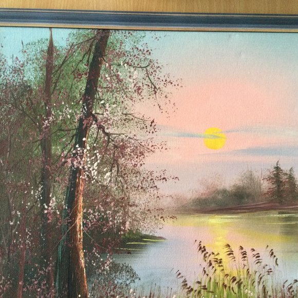 Original landscape painting on canvas lake side signed professionally framed - Picture 6 of 12